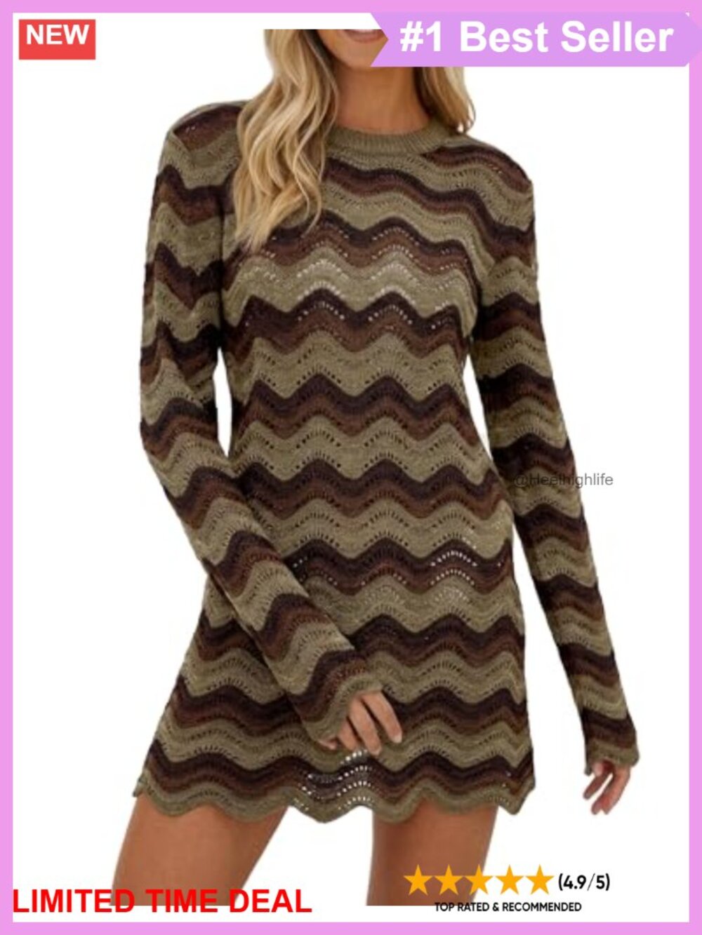 Crochet Knit Long Sleeve Striped Beach Cover Up Mini Dress